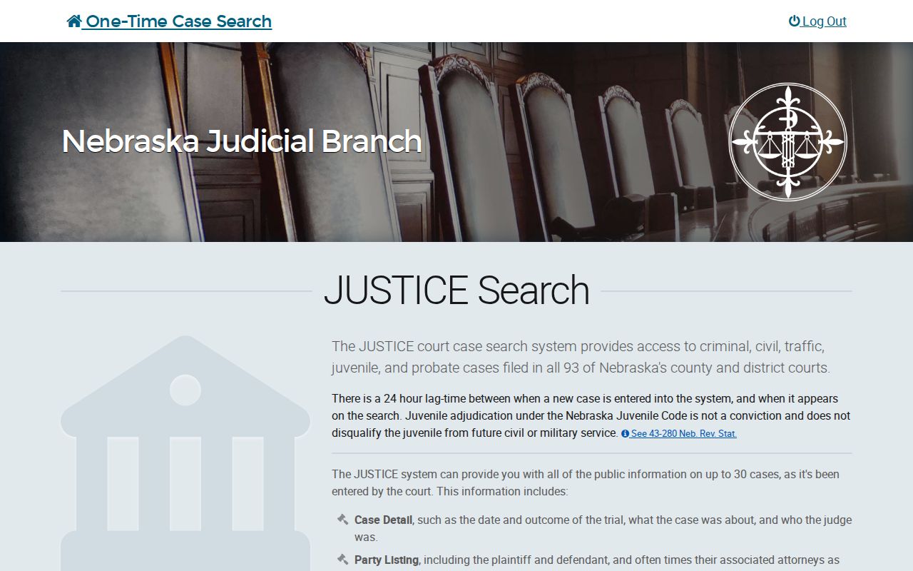 Chase County docket search JUSTICE One-Time party search and fee screen