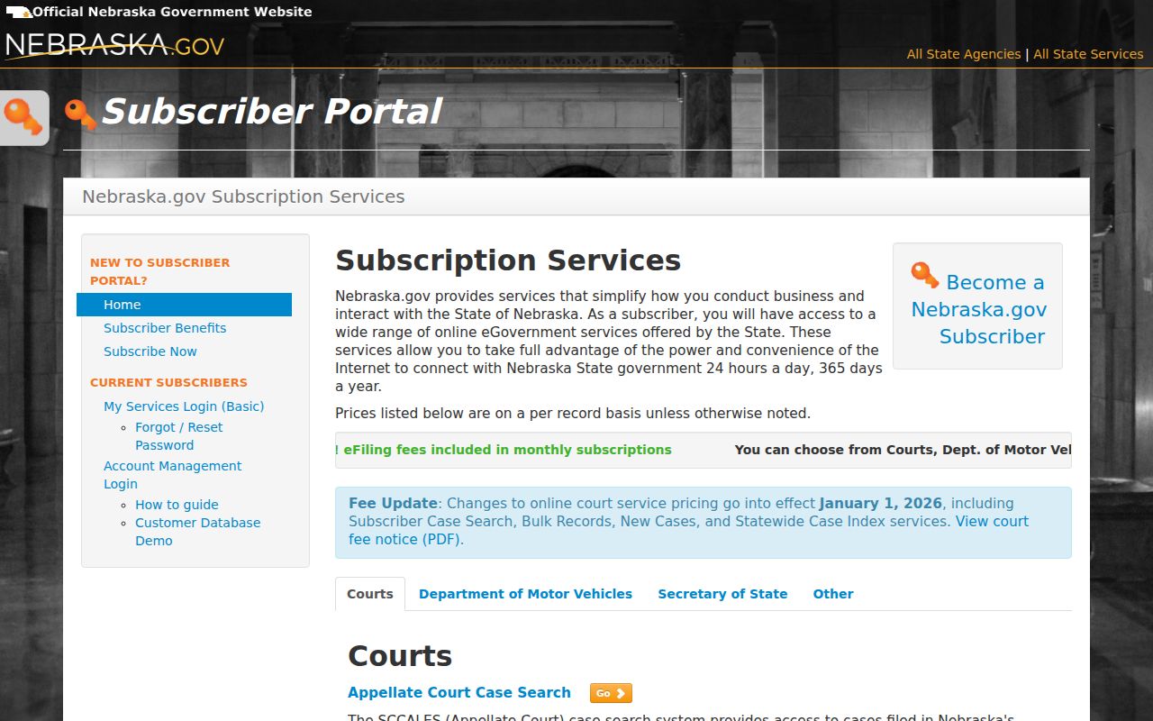 Chase County docket search JUSTICE subscriber search choices screen