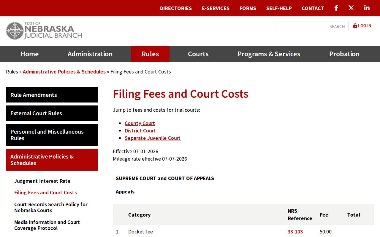 Chase County civil court docket filing fee table