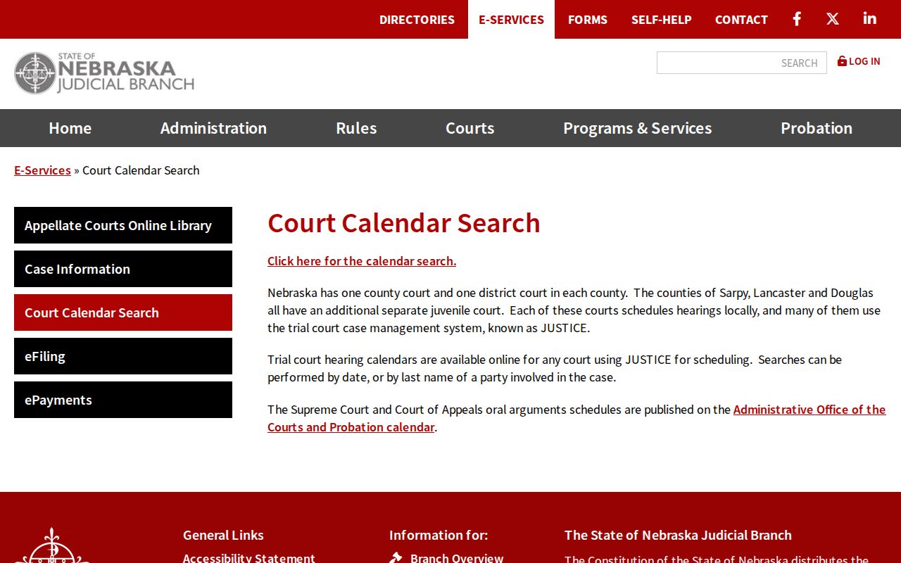 Chase County court schedule information about local calendar timing and no-result warning