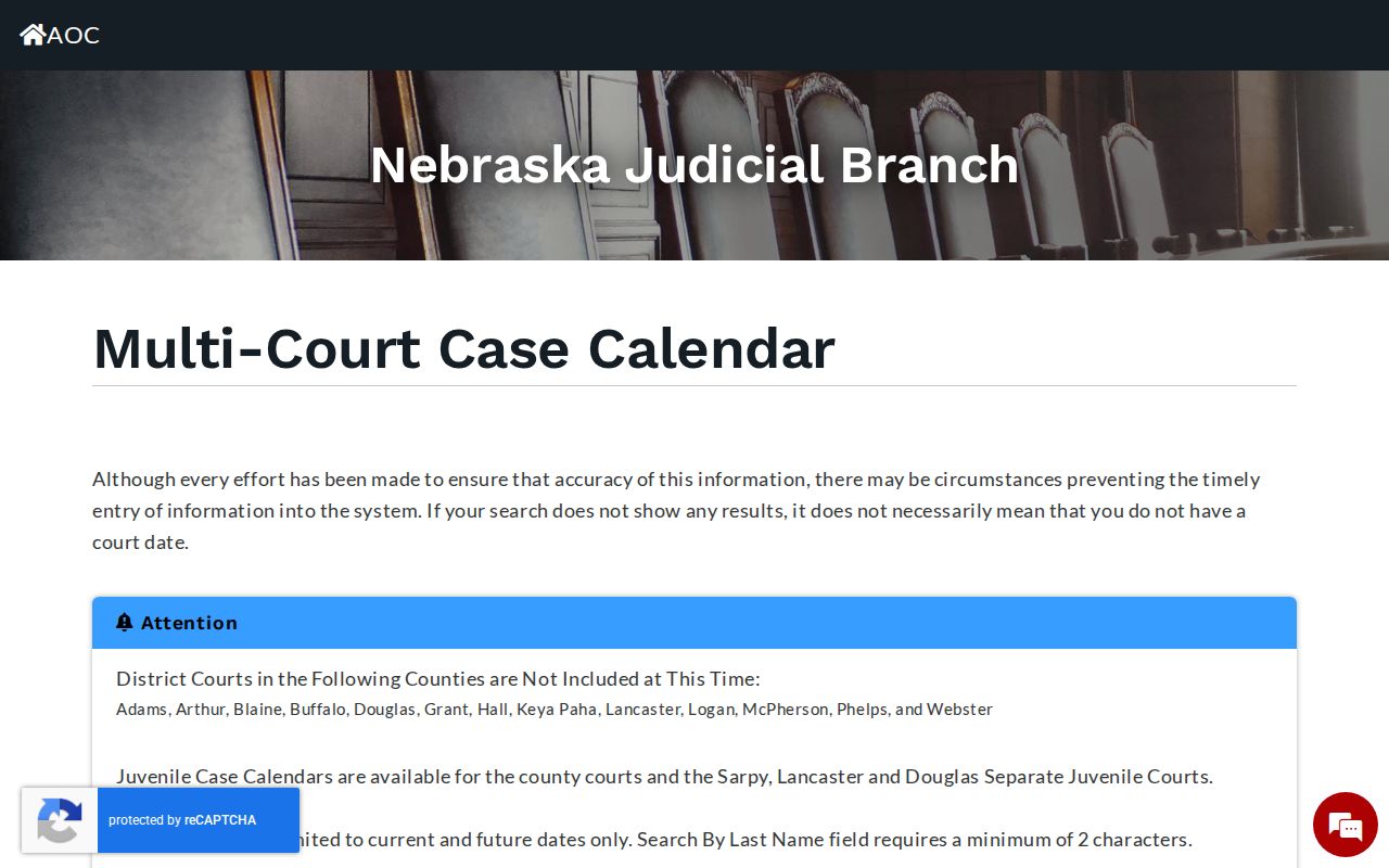Chase County court schedule calendar form with court type and search controls