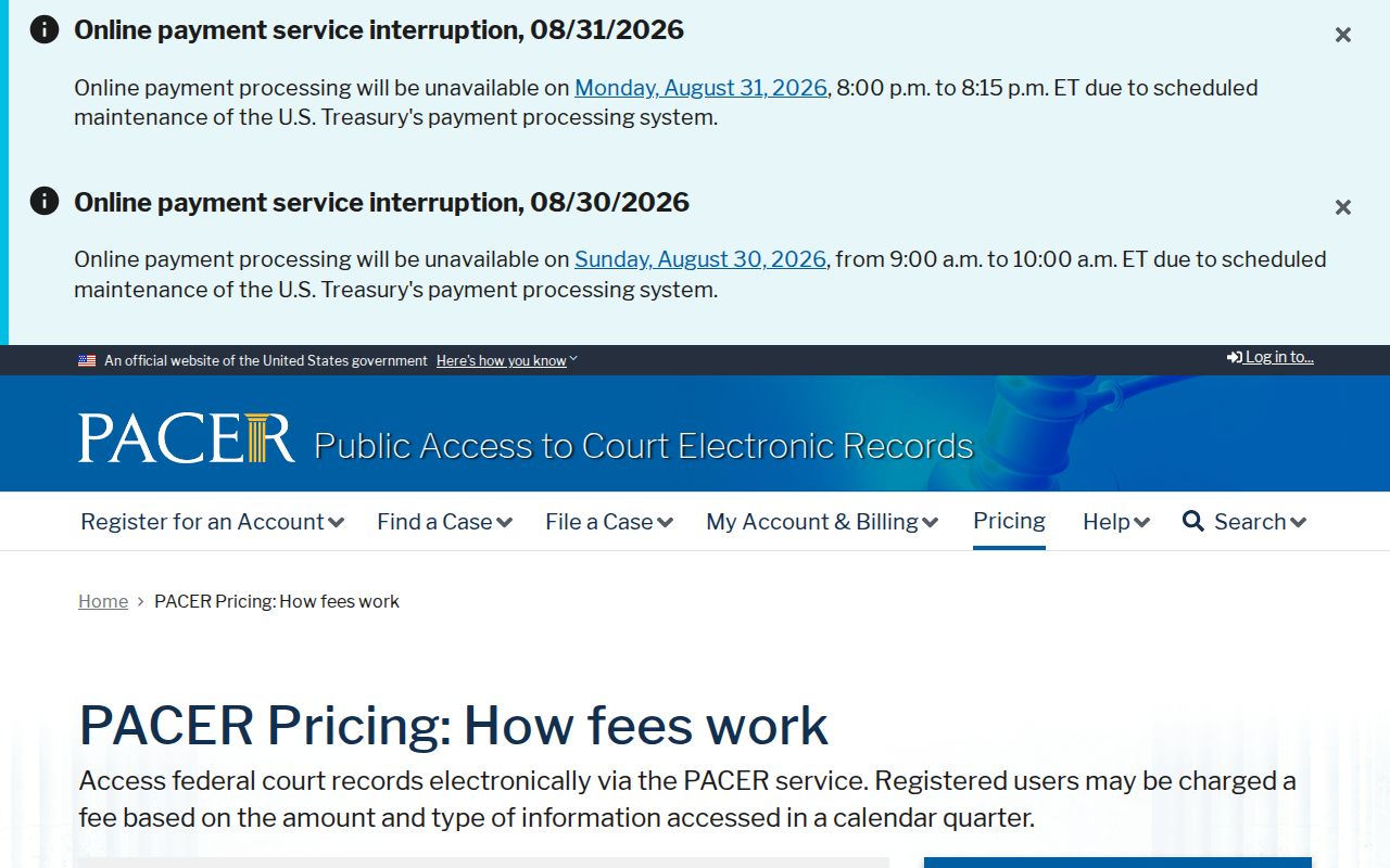 Chase County court docket PACER federal records pricing