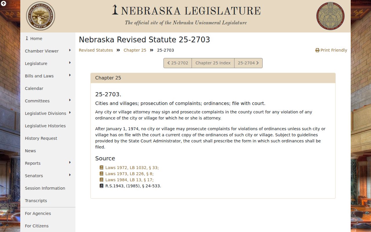 Nebraska statute on city and village ordinance complaints in County Court for Lamar court records