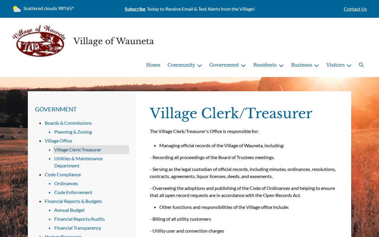 Wauneta court records and Village Clerk Treasurer custodian duties